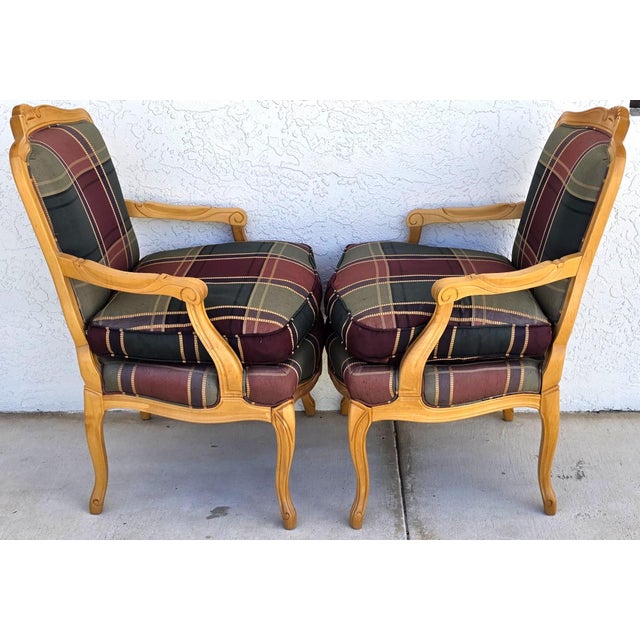 1980s Vintage Louis XV French Provincial Armchairs Plaid Tartan Fauteuil Cabriole Legs For Sale - Image 5 of 16