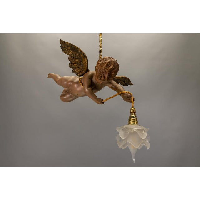 French Art Nouveau Cherub Pendant Light in Carved Wood & Frosted Glass, 1920 For Sale - Image 12 of 18