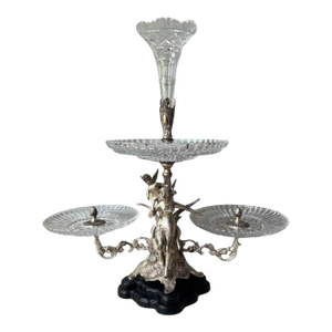 1960s Castilian Silverplate & Crystal Art Nouveau Epergne Sweet Meats Centerpiece 25”