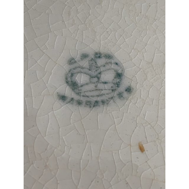 White Antique Primitive Large Ironstone Bowl Green Transferware For Sale - Image 8 of 12