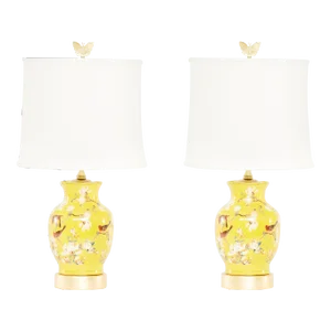 20th Century Hand Painted Porcelain / Gilt Wood Base Lamps - a Pair