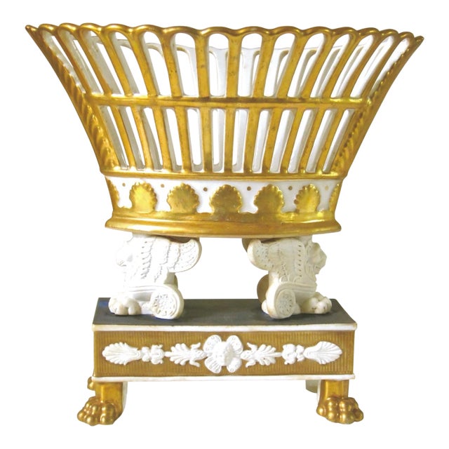 Antique Early 19th Century French Empire Paris Porcelain Corbeille or Basket With Lion Paw Feet Circa 1820 For Sale