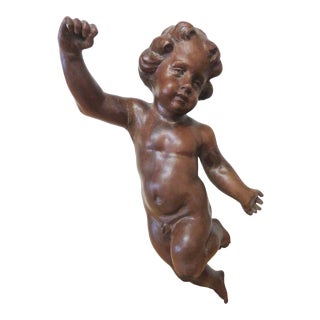 Antique Spanish Walnut Cherub on Custom Iron Stand For Sale