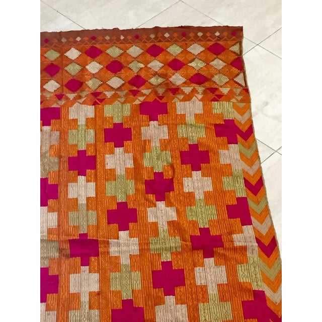 Antique Phulkari Wedding Shawl, Bright Colors of Silk Embroidery on Cotton For Sale - Image 10 of 13
