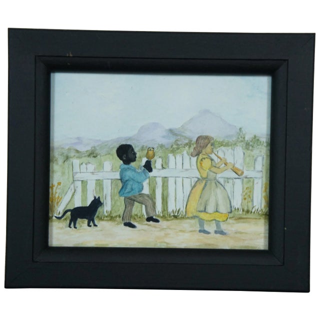 Antique Folk Art Watercolor Painting Children With Cat Instruments Framed For Sale - Image 11 of 11