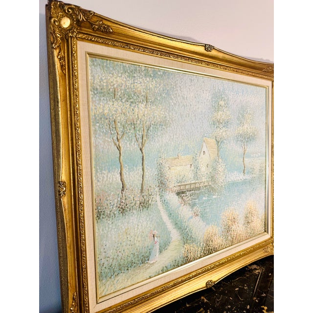 Vintage Impressionist Pastel Cottage Oil Painting in Ornate Gold Frame For Sale - Image 4 of 12