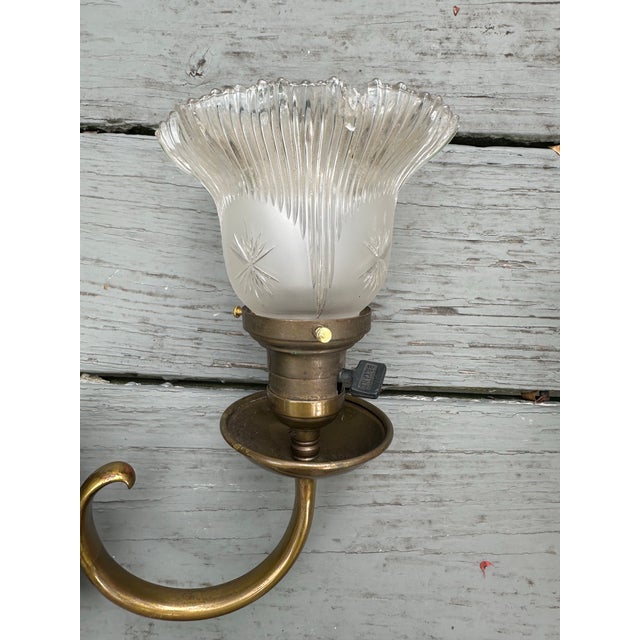 Vintage Brass Sconces With Vintage Gillinder Shade - a Pair For Sale In New York - Image 6 of 6