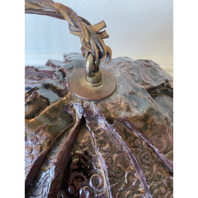 1970s Handcrafted Brutalist Ceramic Pendant Light With Leather Cord For Sale In Los Angeles - Image 6 of 12