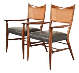 Paul McCobb for Directional Mid-Century Modern Sculpted Walnut Cane Back Armchairs, Pair