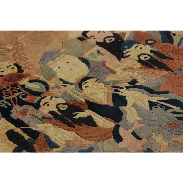 Hand-knotted in wool, this 3x6 vintage Chinese pictorial runner, circa 1950-1959, depicts the revered Eight Immortals...