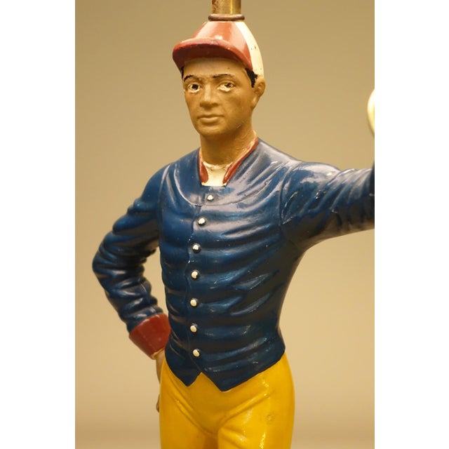Alabaster 1950s Rarest Large Black Americana Lawn Jockey Statue Sculpture Brass Alabaster Marble Table Lamp For Sale - Image 8 of 13