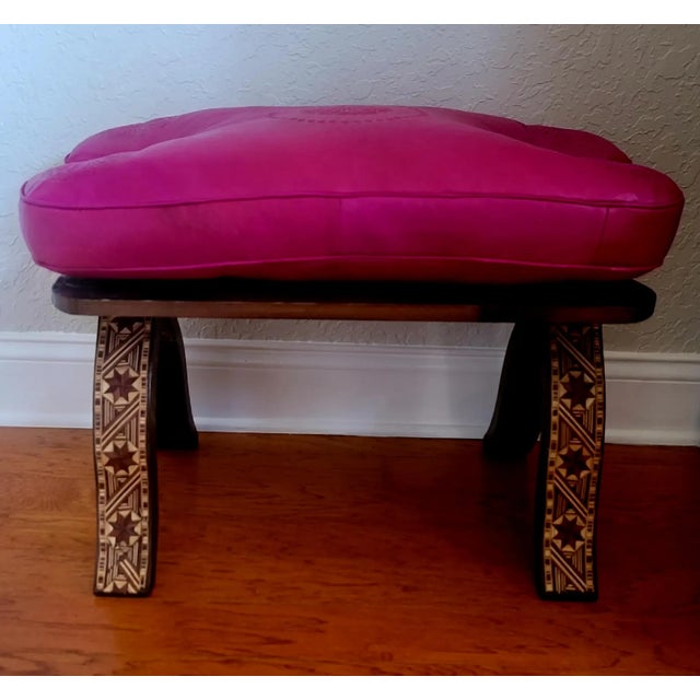 Moroccan Handcrafted Moroccan Camel Saddle, Genuine Leather Cushion Stool / Pink For Sale - Image 3 of 10