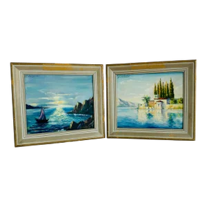 Vintage 1940s Mediterranean Sea Coastal Oil Paintings, a Pair, Framed