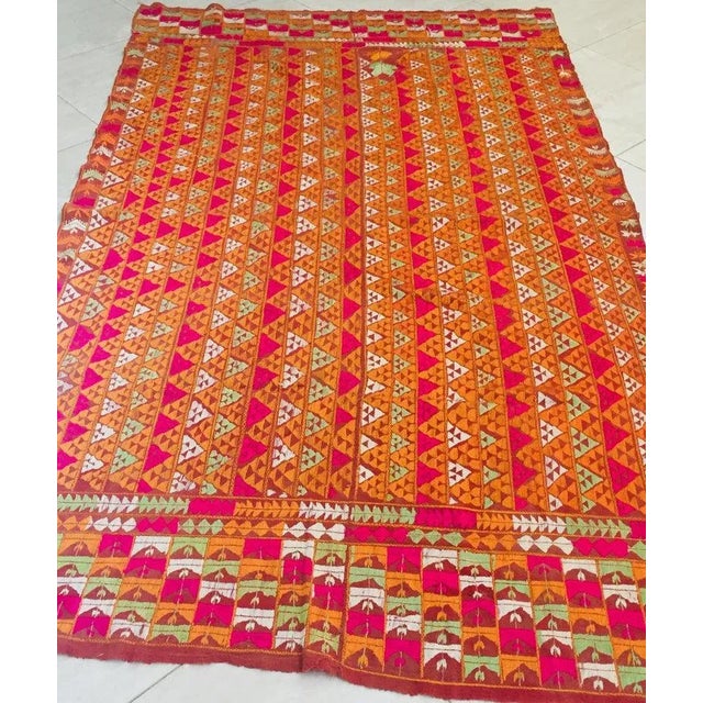 Antique Phulkari Wedding Shawl, Orange Silk Embroidery on Cotton For Sale In Palm Springs - Image 6 of 13