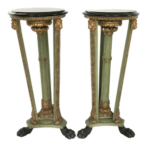 Late 19th Century Pair of Carved Wood Pedestal Stands With Green & Gold Painted Finish