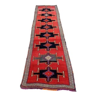 Hand-Knotted Turkish Rug Low Pile Tribal Runner Rug - 3' X 13' For Sale