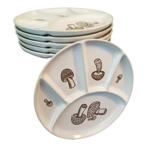1960s Vintage Divided Fondue Plates With Mushroom Design- Set of 6