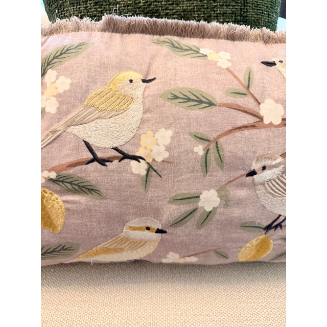 English Lillian August Home Embroidered Botanical Bird Lumbar Pillow With Fringe Trim and Down Insert For Sale - Image 3 of 6