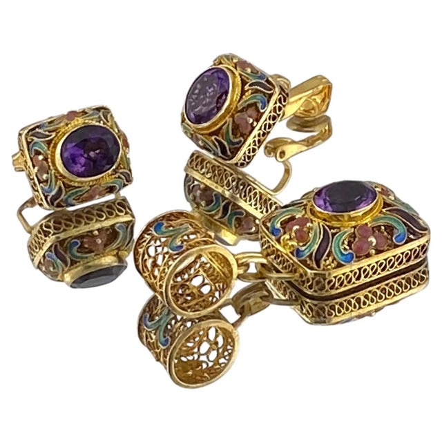 Asian Vintage Amethyst Pendant Necklace & Earrings Set in Vermeil Cloisonné For Sale - Image 3 of 5