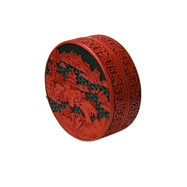 Oriental Asian Black Red Lacquer Round Relief Scenery Accent Box For Sale - Image 11 of 11