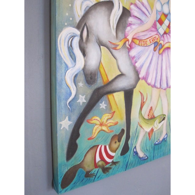 Side Show by Zoa Ace | Oil on canvas Girl in a tutu with animals and a horse in a circus setting. For Sale - Image 4 of 5