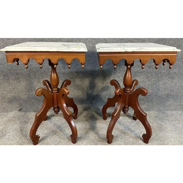 Early 20th Century Pair Victorian Gothic Revival Solid Mahogany Marble