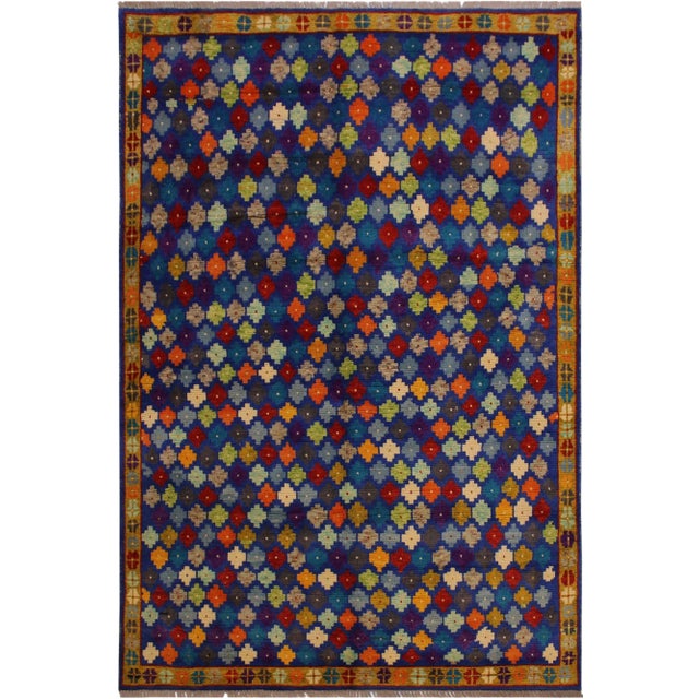 1990s Tribal Balouchi Blue/Gold Wool Rug - 4′10″ × 6′8″ For Sale
