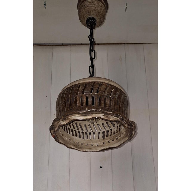 Vintage Rustic Ceiling Lamp with Beige-Brown Ceramic Shade on a Black Iron Chain, 1970s For Sale - Image 6 of 7