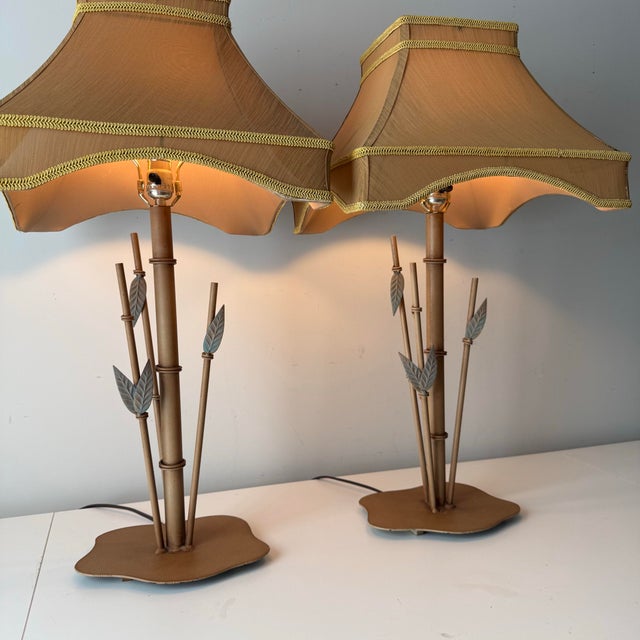 Tan Late 20th Century Bamboo Tole Table Lamps With Pagoda; A Pair For Sale - Image 8 of 10