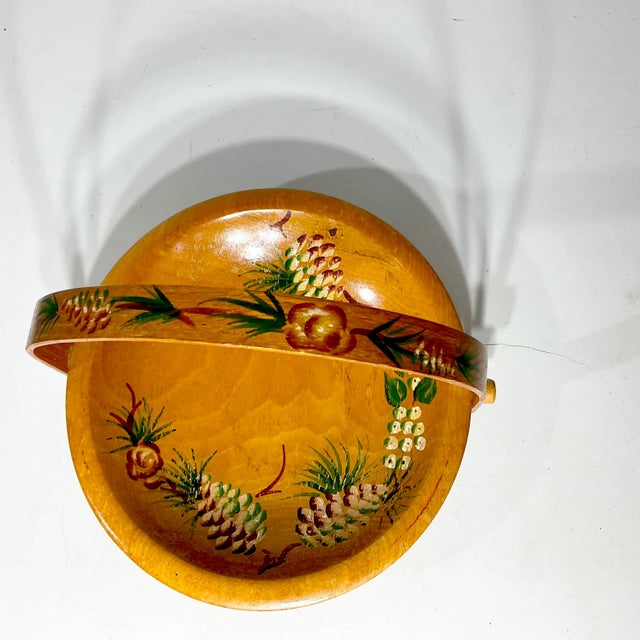 1950s 1950s Vintage Arts & Crafts Adirondack Hand Painted Wood Pinecone Bowl For Sale - Image 5 of 8