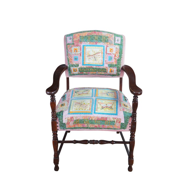 Antique mahogany and velvet nailhead armchair featuring a quilted patchwork design with dragonflies / butterflies and...