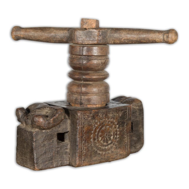 Antique Indian Wooden Hand Noodle Grinder with Carved Ram and Vice Press For Sale - Image 9 of 10