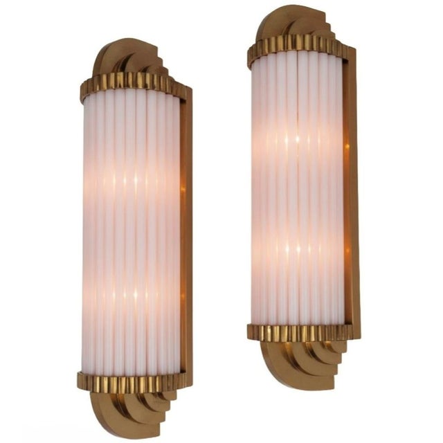 Vintage Art Deco Light Old Lamp Wall Sconces Fixture Brass & Pink Glass Rod Ship Light - Pair For Sale - Image 4 of 4