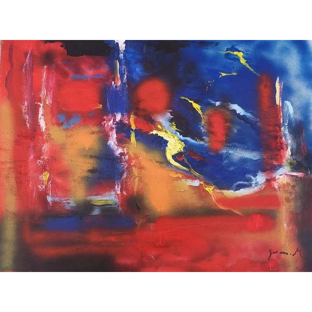Red And Blue Composition is a beautiful painting realized by the Belgian artist Martine Goeyens in the 2000s. Acrylic on...