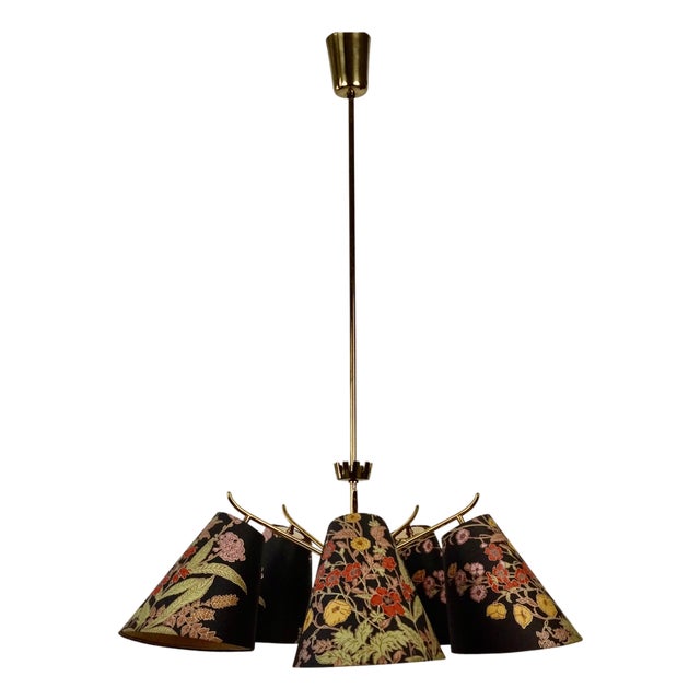 Mid-Century Modern Brass Hanging Light with Original Shades, 1950s For Sale