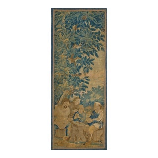 1650s Green Figural Scene Flemish Tourani Tapestry Rug 2'9" X 7' Flatweave Wook Silk Carpet For Sale