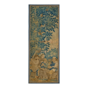 1650s Green Figural Scene Flemish Tourani Tapestry Rug 2'9" X 7' Flatweave Wook Silk Carpet