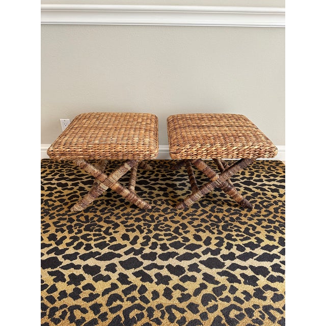 Natural Rattan and Seagrass X Benches - a Pair. Woven rattan and seagrass over wood frames. Sturdy and solid. Warm shades....