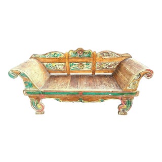 Bali Indonesian Teak Teakwood Polychrome Sofa Bench For Sale
