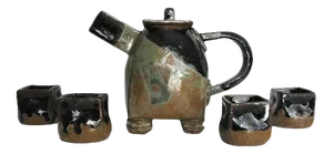 1990s Artisan Japanese-Style Raku Pottery Tea Set- 5 Pieces