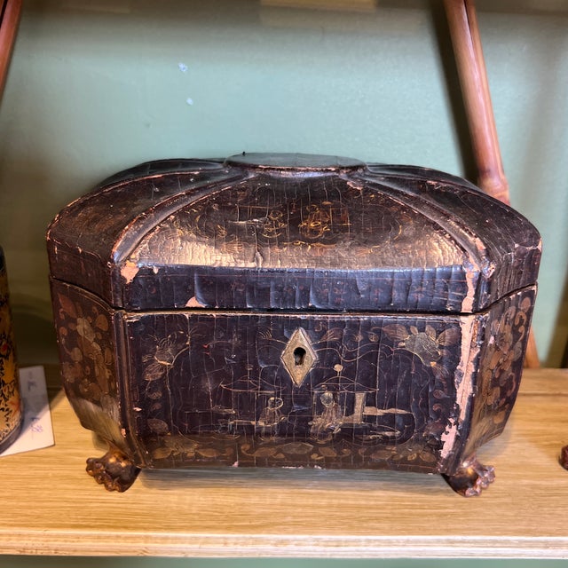 Antique Chinese Export Black Lacquered Heavily Distressed Tea Caddy
