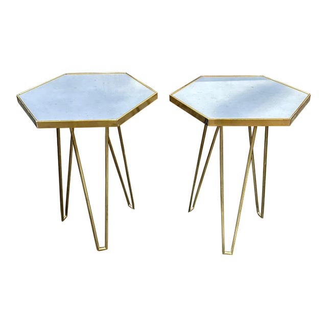 Pair of Italian Brass and Marble Hex Form Tables For Sale