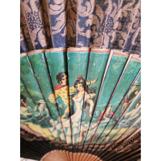 Mid 20th Century Vintage Hand Painted Fan With Black Lacquer of Romantic Spaniard Dancers For Sale - Image 5 of 9