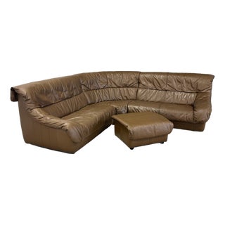 Vintage Brown Leather Modern Sectional Sofa & Ottoman For Sale