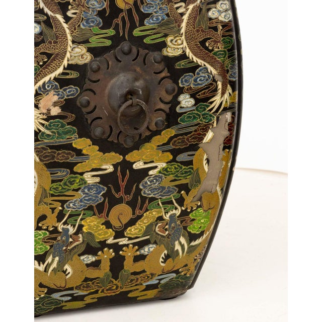 Printmaking Materials Set of Three Chinese Export Five-Clawed Dragon and Phoenix Motif Black Lacquered Stools For Sale - Image 7 of 7