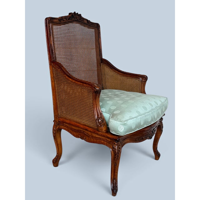 Vintage Louis XV Style Caned Bergère Walnut Chair For Sale - Image 4 of 13