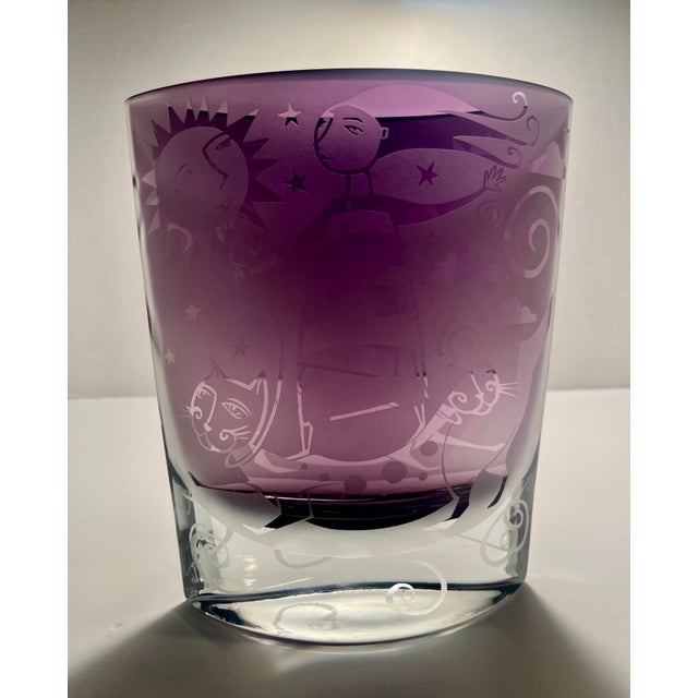 2003 Leandra Drumm Amethyst Etched Art Glass Girl & Cat Vase Signed Aprox. dimensions: 8″H x 6.5"W x 3"D Very good...