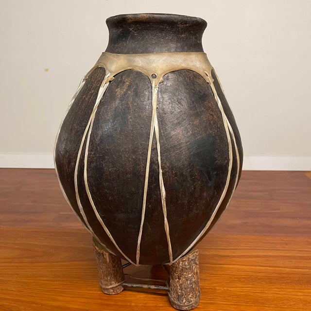 Brown Vintage African Clay Vessel With Rawhide Trim on Custom Stand Pottery Jar For Sale - Image 8 of 11