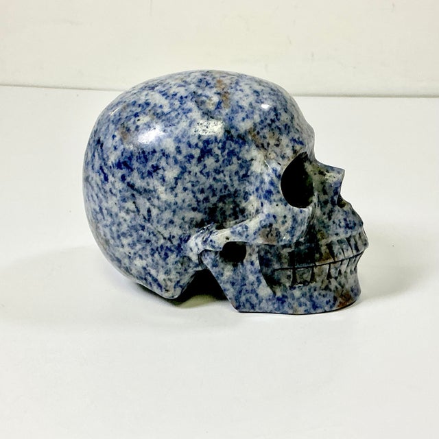 Boho Chic 1970s Vintage Abstract Expressionism Boho Chic Hand Carved Blue Speckled Sodalite Skull Sculpture For Sale - Image 3 of 13