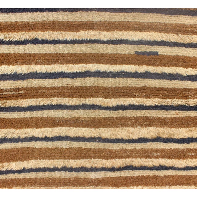 Mid 20th Century Turkish Angora Tulu Vintage Rug With Stripe Pattern Light Brown & Navy Blue For Sale In Atlanta - Image 6 of 12